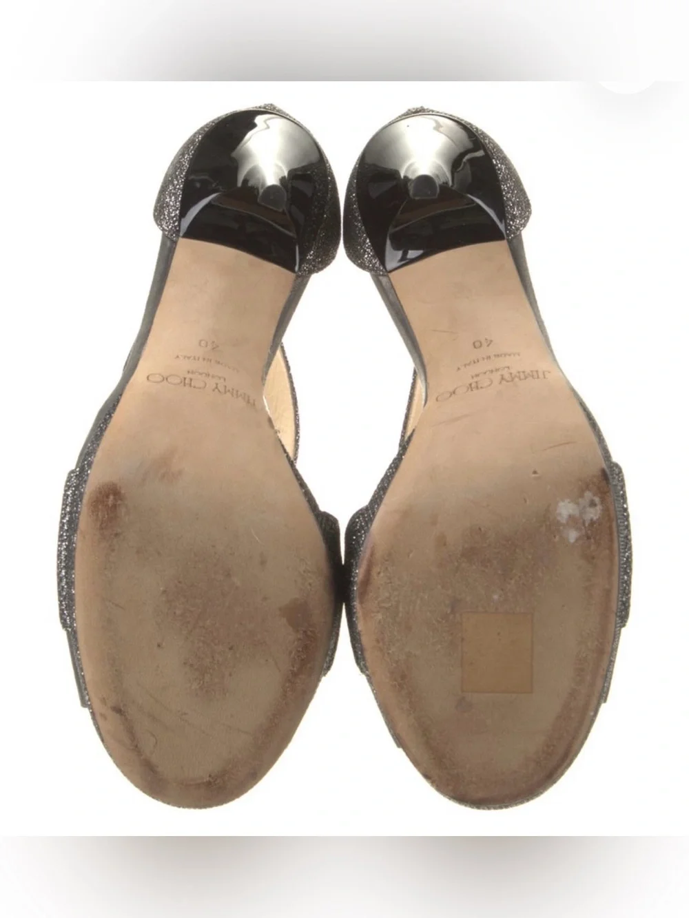 Jimmy Choo Glitter Cross-Strap Platform Heels in Gunmetal Sparkle